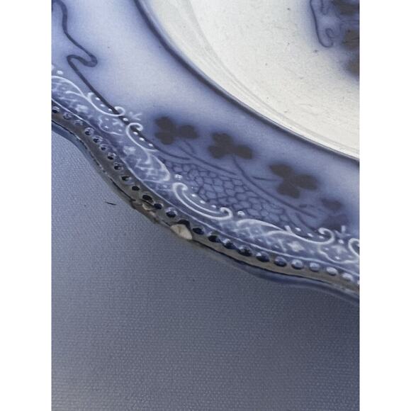 W.H. Grindley Flow Blue Soup Bowl, Shamrock Pattern, 9" Diameter, Shallow Bowl - Picture 6 of 12